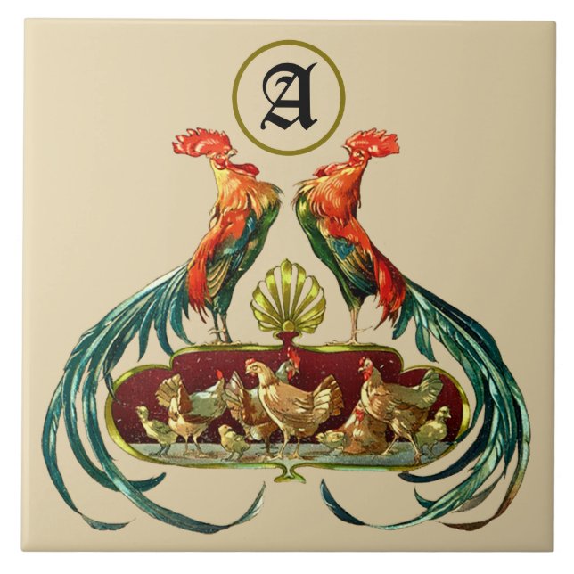 Art Nouveau Roosters Hens & Chicks Chickens Ceramic Tile (Front)