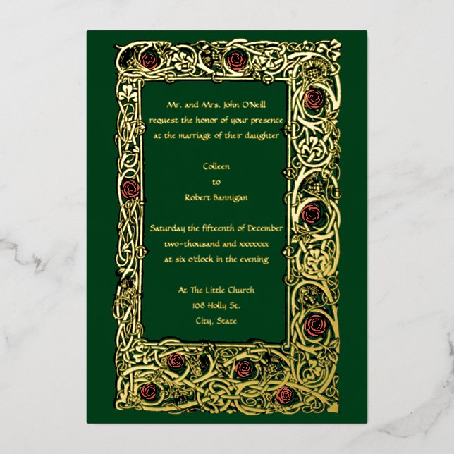Art Nouveau Rose Vine & Clover Border Wedding (Front)