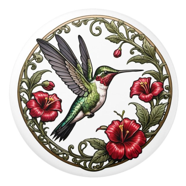 Art Nouveau Ruby-throated Hummingbird Ceramic Knob (Front)