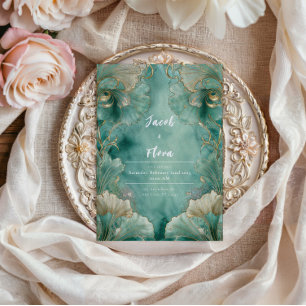 Art Nouveau Seafoam Gold Ginkgo Leaf Wedding Invitation