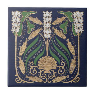 Art Nouveau Seafood, Sea Shells, Flowers Ceramic Tile