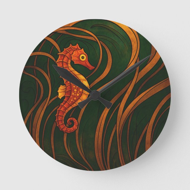 Art Nouveau Seahorse  Round Clock (Front)