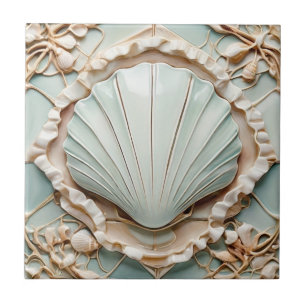Art Nouveau Seashell Faux Relief Mint Clam Shell Ceramic Tile