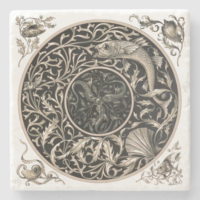 Art Nouveau Seashells & Fish by Anton Seder Stone Coaster (Front)