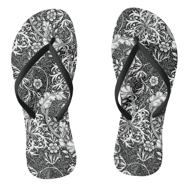 Art Nouveau Seaweed Floral, Black and White Thongs (Footbed)