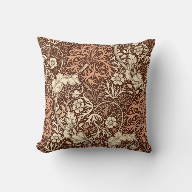 Art Nouveau Seaweed Floral, Brown and Beige Cushion (Front)