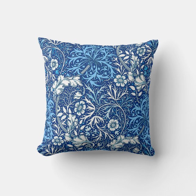 Art Nouveau Seaweed Floral, Cobalt Blue and White Cushion (Front)