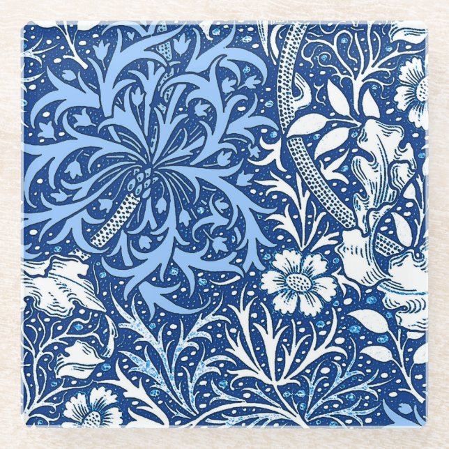 Art Nouveau Seaweed Floral, Cobalt Blue and White Glass Coaster (Front)