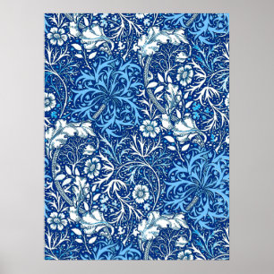 Art Nouveau Seaweed Floral, Cobalt Blue and White Poster