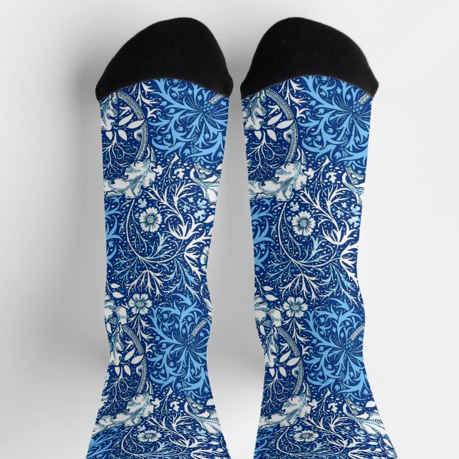Art Nouveau Seaweed Floral, Cobalt Blue and White Socks (Top)