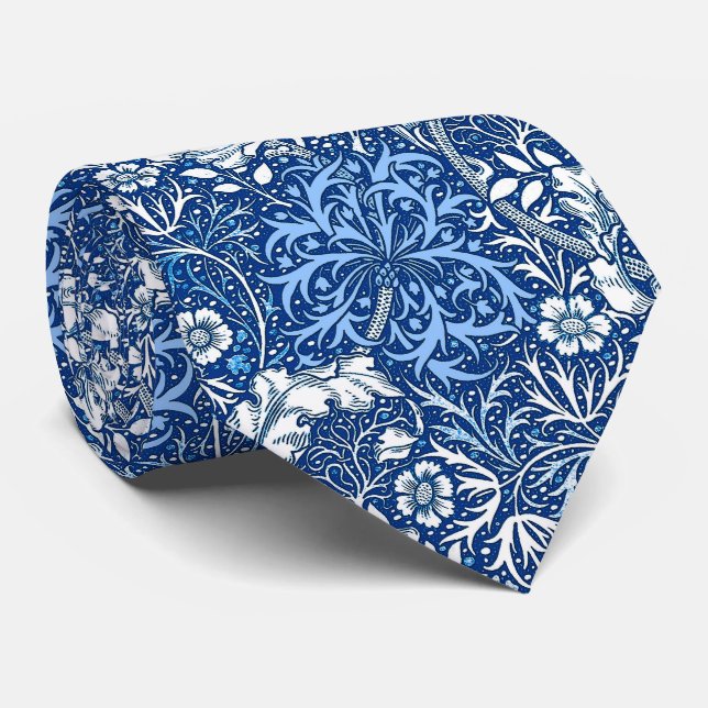 Art Nouveau Seaweed Floral, Cobalt Blue and White Tie (Rolled)