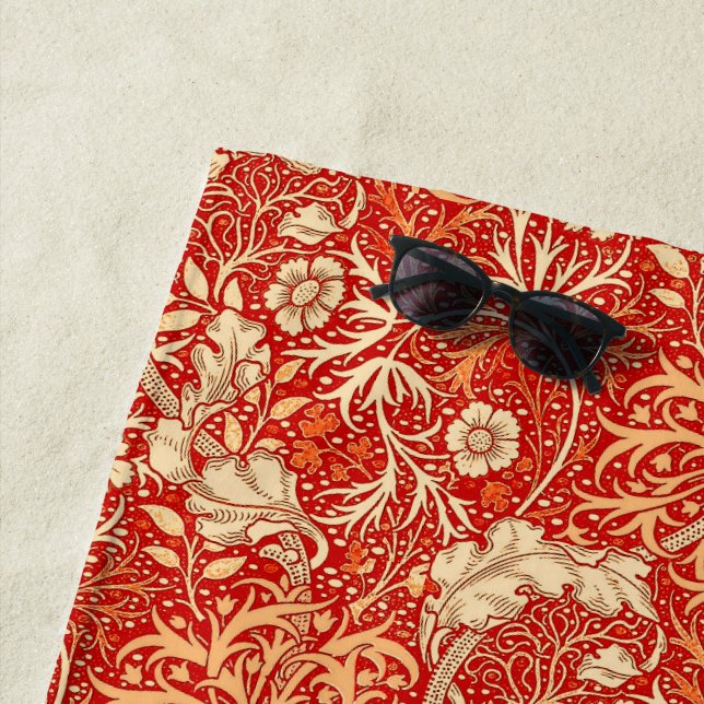 Art Nouveau Seaweed Floral, Deep Coral Orange Beach Towel (In Situ)