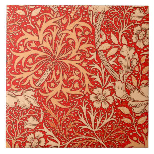 Art Nouveau Seaweed Floral, Deep Coral Orange Ceramic Tile