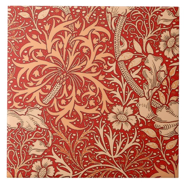 Art Nouveau Seaweed Floral, Deep Coral Orange Ceramic Tile (Front)