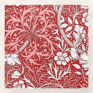 Art Nouveau Seaweed Floral, Deep Red and White Glass Coaster