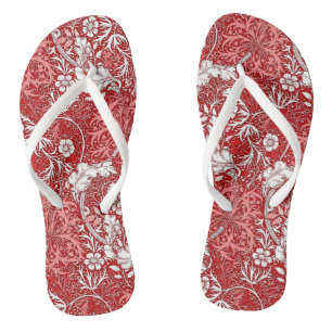 Art Nouveau Seaweed Floral, Deep Red and White Thongs
