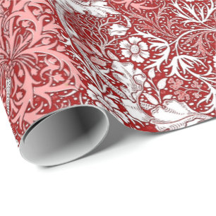 Art Nouveau Seaweed Floral, Deep Red and White Wrapping Paper