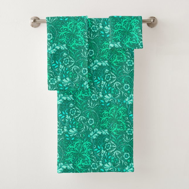 Art Nouveau Seaweed Floral, Turquoise and Aqua Bath Towel Set (Insitu)
