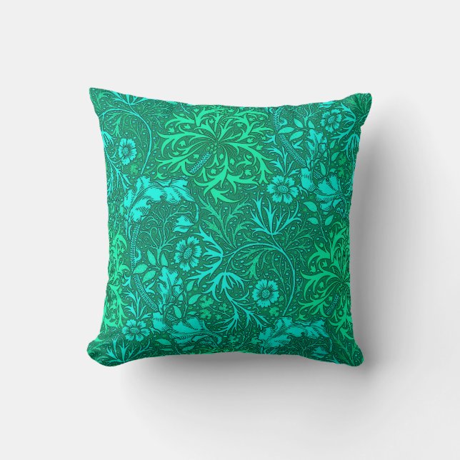 Art Nouveau Seaweed Floral, Turquoise and Aqua Cushion (Front)
