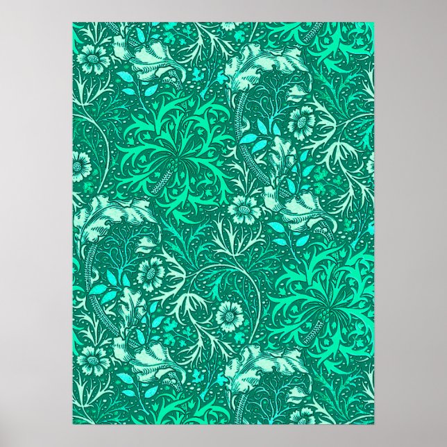 Art Nouveau Seaweed Floral, Turquoise and Aqua Poster (Front)