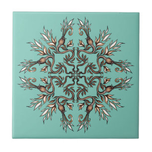 Art Nouveau Serpents Mandala - Dark Acaddemia Teal Ceramic Tile