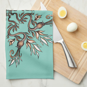 Art Nouveau Serpents Mandala - Dark Acaddemia Teal Tea Towel