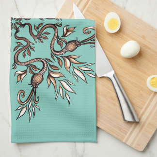 Art Nouveau Serpents Mandala - Dark Acaddemia Teal Tea Towel