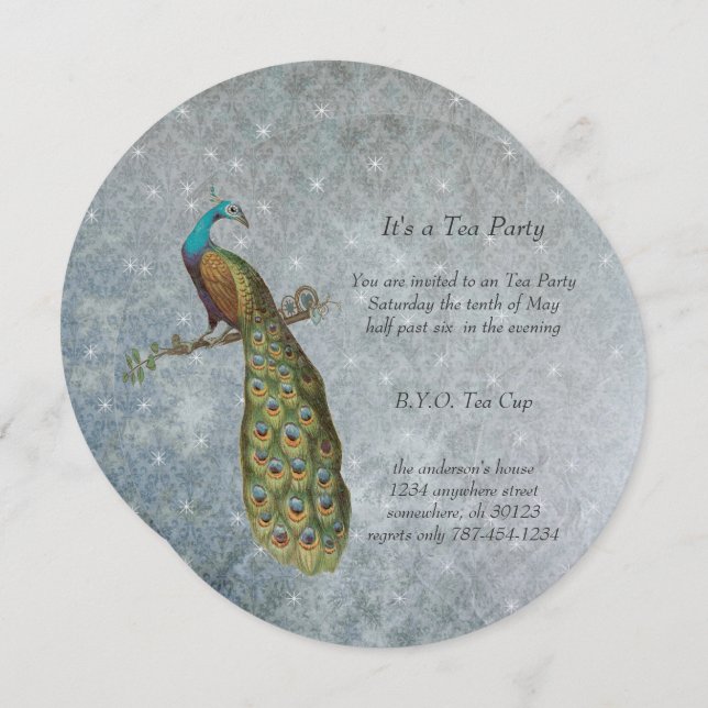 Art Nouveau Silver Metallic Peacock Tea Party Invitation (Front/Back)