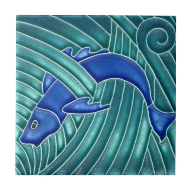 Art Nouveau - Single Blue Fish Tile (Front)