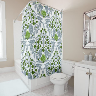 Art Nouveau Slate &Green–Vintage Floral Scallop  Shower Curtain