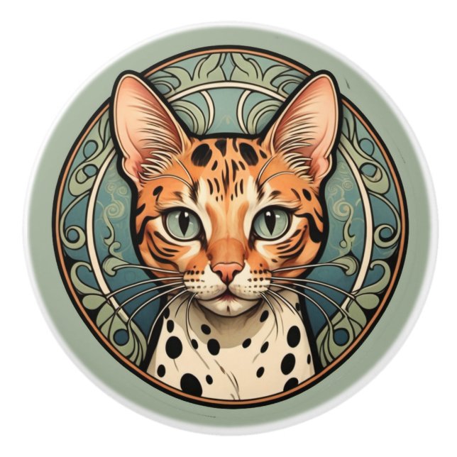 Art Nouveau Spotted Cat Ceramic Knob (Front)