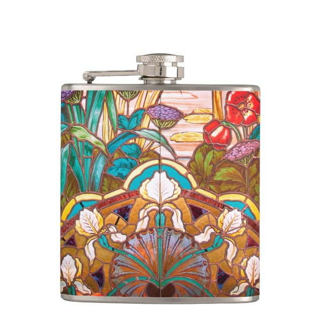 Art nouveau stained glass look floral elegant  hip flask (Front)