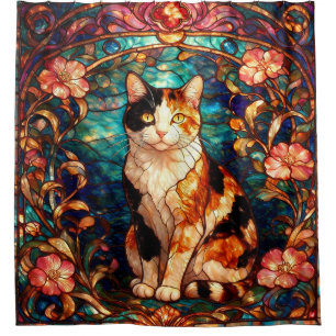 Art Nouveau Stained Glass Style Calico Cat  Shower Curtain