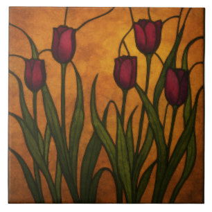Art Nouveau Stained Glass Style Tulip Ceramic Tile