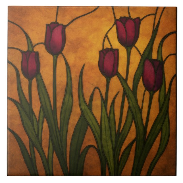Art Nouveau Stained Glass Style Tulip Ceramic Tile (Front)