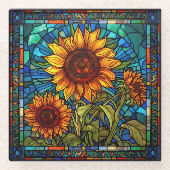 Art Nouveau Stained Glass Sunflower Coaster (Front)