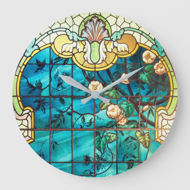 Art nouveau stained glass window floral Victorian Large Clock (Front)