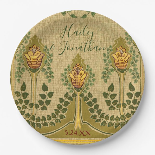 Art Nouveau Stems Tulip Flower Small Ivy Leaves Paper Plate (Front)