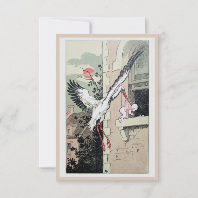 Art Nouveau stork delivering baby  announcement (Front)