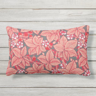 Art Nouveau Strawberries and Leaves, Coral Orange Lumbar Cushion