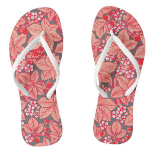 Art Nouveau Strawberries and Leaves, Coral Orange Thongs