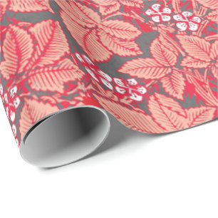 Art Nouveau Strawberries and Leaves, Coral Orange Wrapping Paper