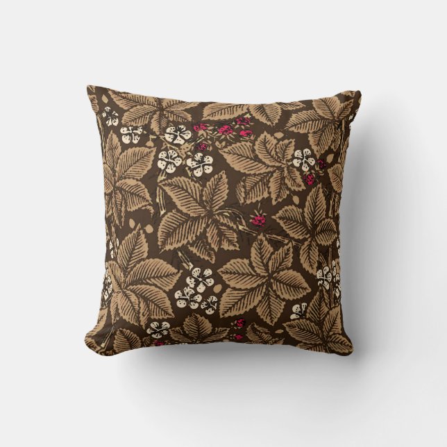 Art Nouveau Strawberries and Leaves, Dark Brown Cushion (Front)