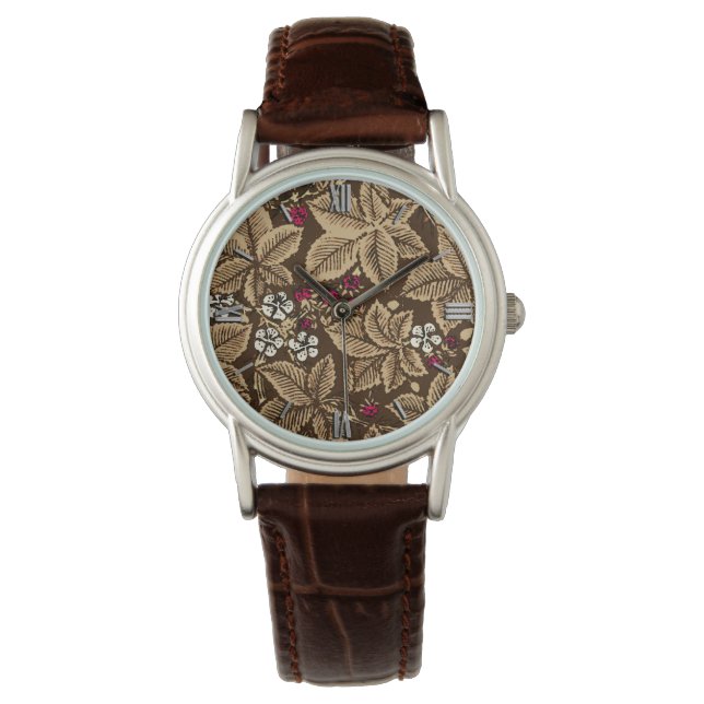 Art Nouveau Strawberries and Leaves, Dark Brown Watch (Front)