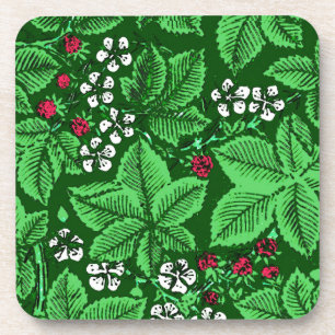 Art Nouveau Strawberries and Leaves, Emerald Green Coaster