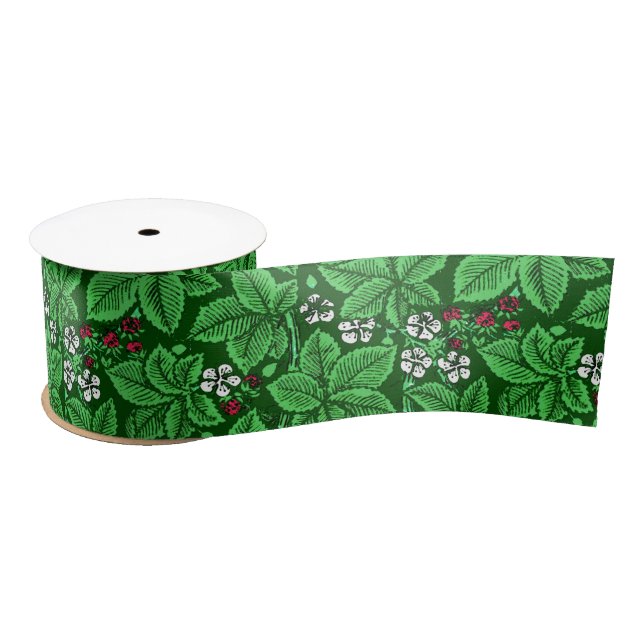 Art Nouveau Strawberries and Leaves, Emerald Green Satin Ribbon (Spool)