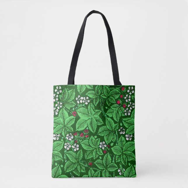 Art Nouveau Strawberries and Leaves, Emerald Green Tote Bag (Front)