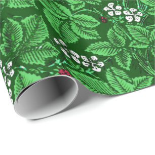 Art Nouveau Strawberries and Leaves, Emerald Green Wrapping Paper
