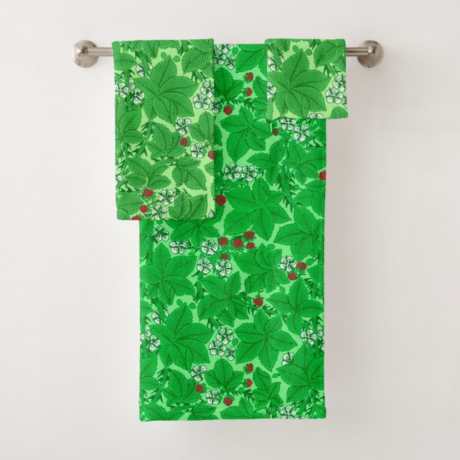 Art Nouveau Strawberries and Leaves, Lime Green Bath Towel Set (Insitu)