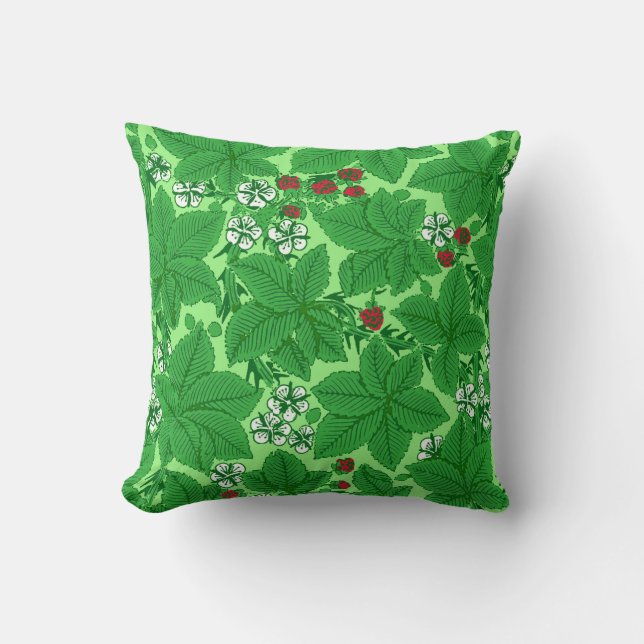 Art Nouveau Strawberries and Leaves, Lime Green Cushion (Front)